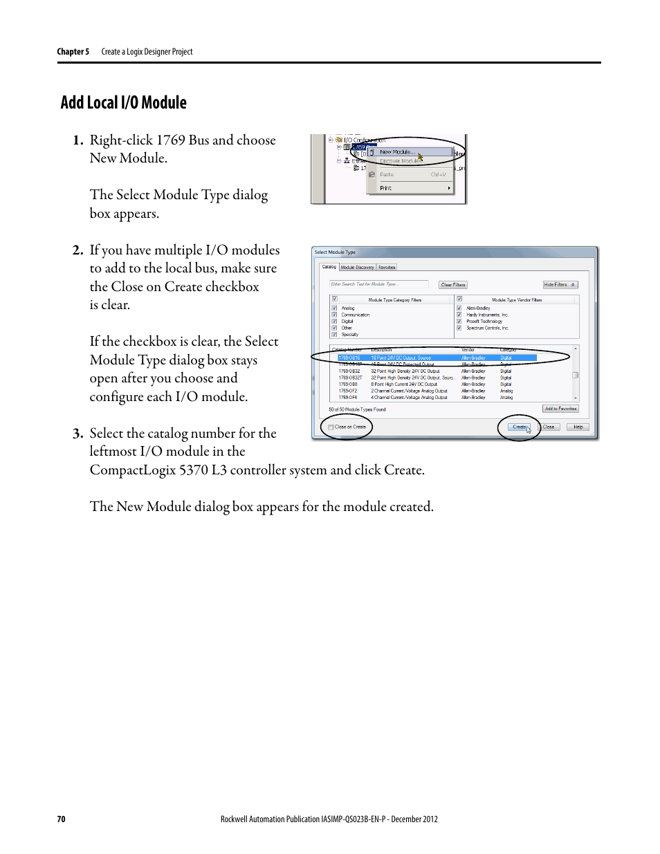 Add local i/o module | Rockwell Automation 1769-L30ER_L30ERM_L30ER-NSE_L33ERM_L33ER_L36ERM CompactLogix 5370 L3 Controllers Quick Start User Manual | Page 70 / 88