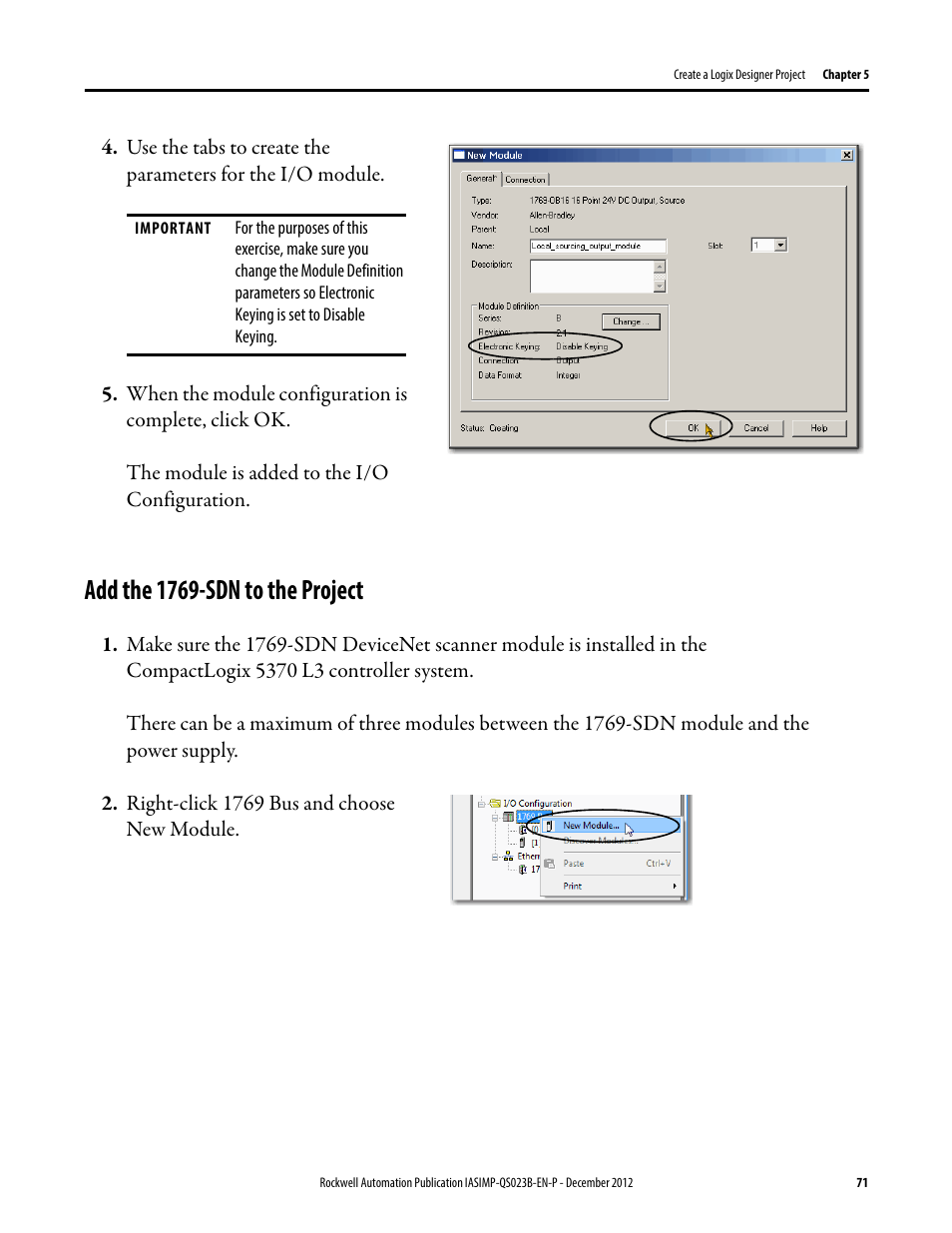 Add the 1769-sdn to the project, Add the 1769-sdn to, The project | Rockwell Automation 1769-L30ER_L30ERM_L30ER-NSE_L33ERM_L33ER_L36ERM CompactLogix 5370 L3 Controllers Quick Start User Manual | Page 71 / 88