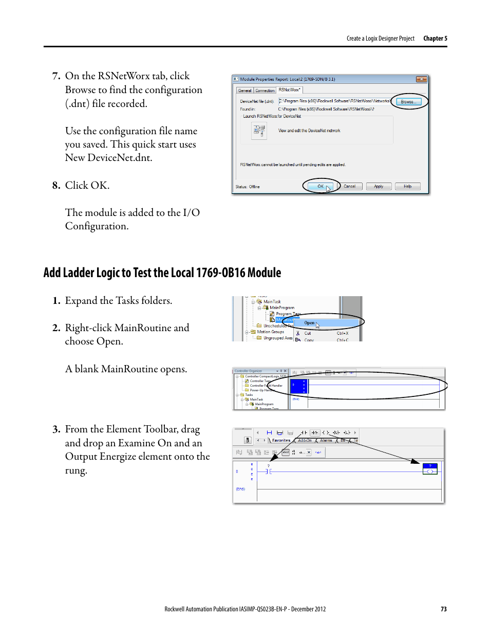 Described beginning on, Add ladder logic to test, The local 1769-ob16 | Module | Rockwell Automation 1769-L30ER_L30ERM_L30ER-NSE_L33ERM_L33ER_L36ERM CompactLogix 5370 L3 Controllers Quick Start User Manual | Page 73 / 88