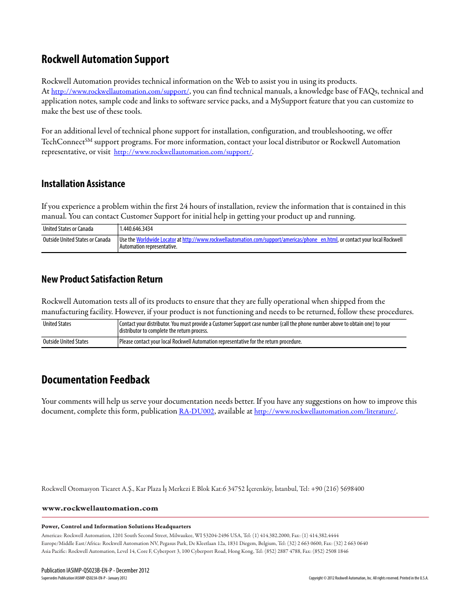 Back cover, Rockwell automation support, Documentation feedback | Installation assistance, New product satisfaction return | Rockwell Automation 1769-L30ER_L30ERM_L30ER-NSE_L33ERM_L33ER_L36ERM CompactLogix 5370 L3 Controllers Quick Start User Manual | Page 88 / 88