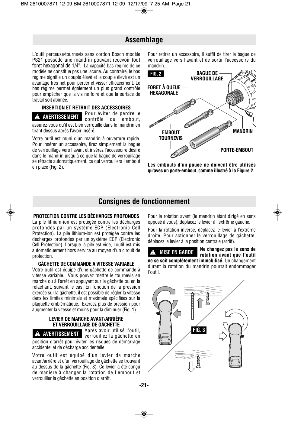 Consignes de fonctionnement assemblage | Bosch PS21 User Manual | Page 21 / 44