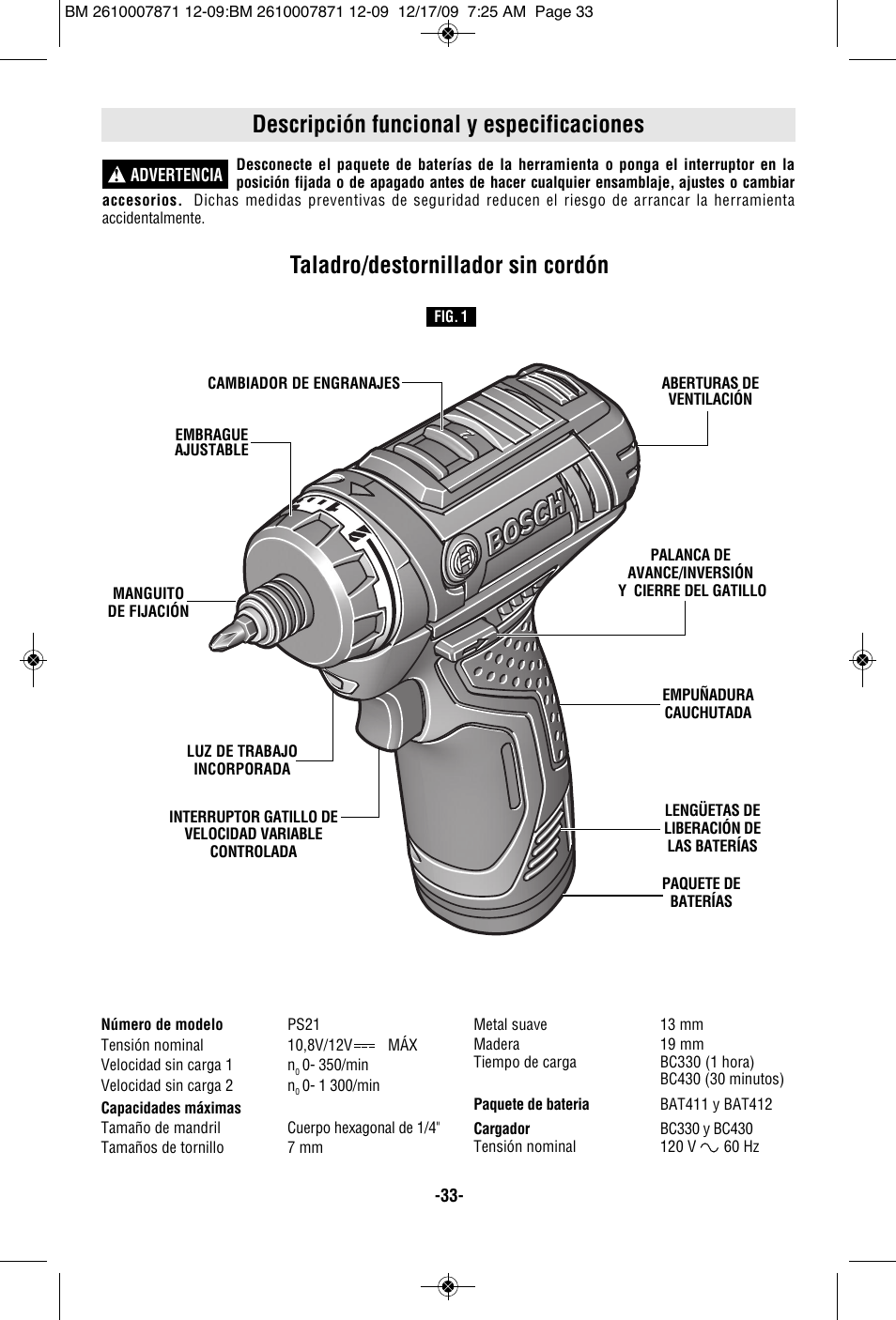 Descripción funcional y especificaciones, Taladro/destornillador sin cordón | Bosch PS21 User Manual | Page 33 / 44