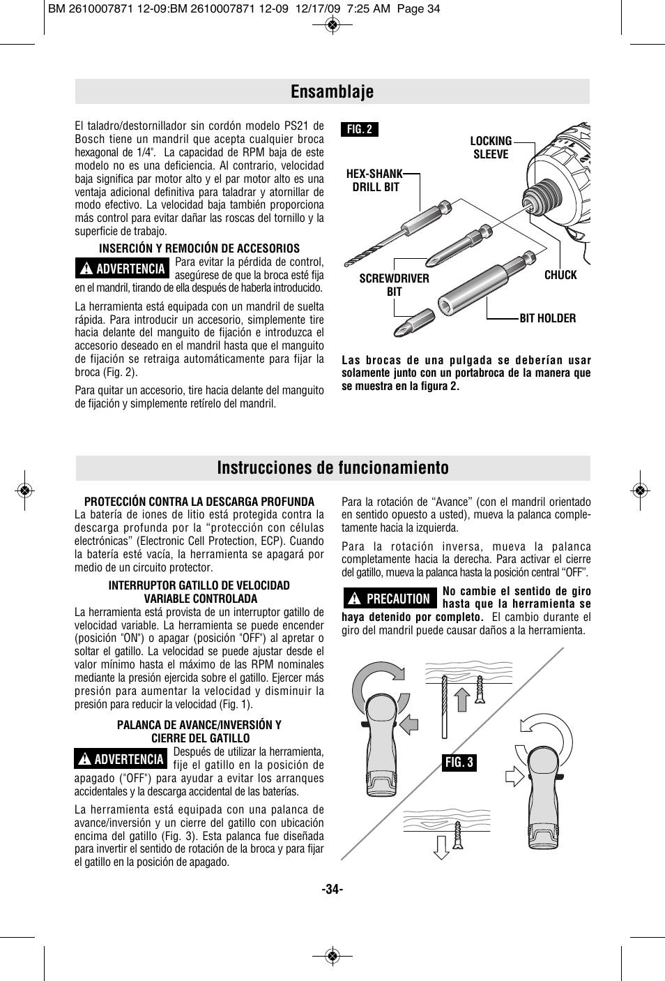 Instrucciones de funcionamiento ensamblaje | Bosch PS21 User Manual | Page 34 / 44