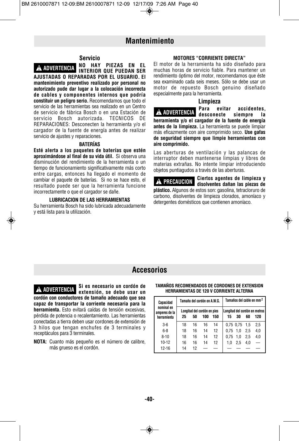 Mantenimiento accesorios, Servicio, Limpieza | Bosch PS21 User Manual | Page 40 / 44