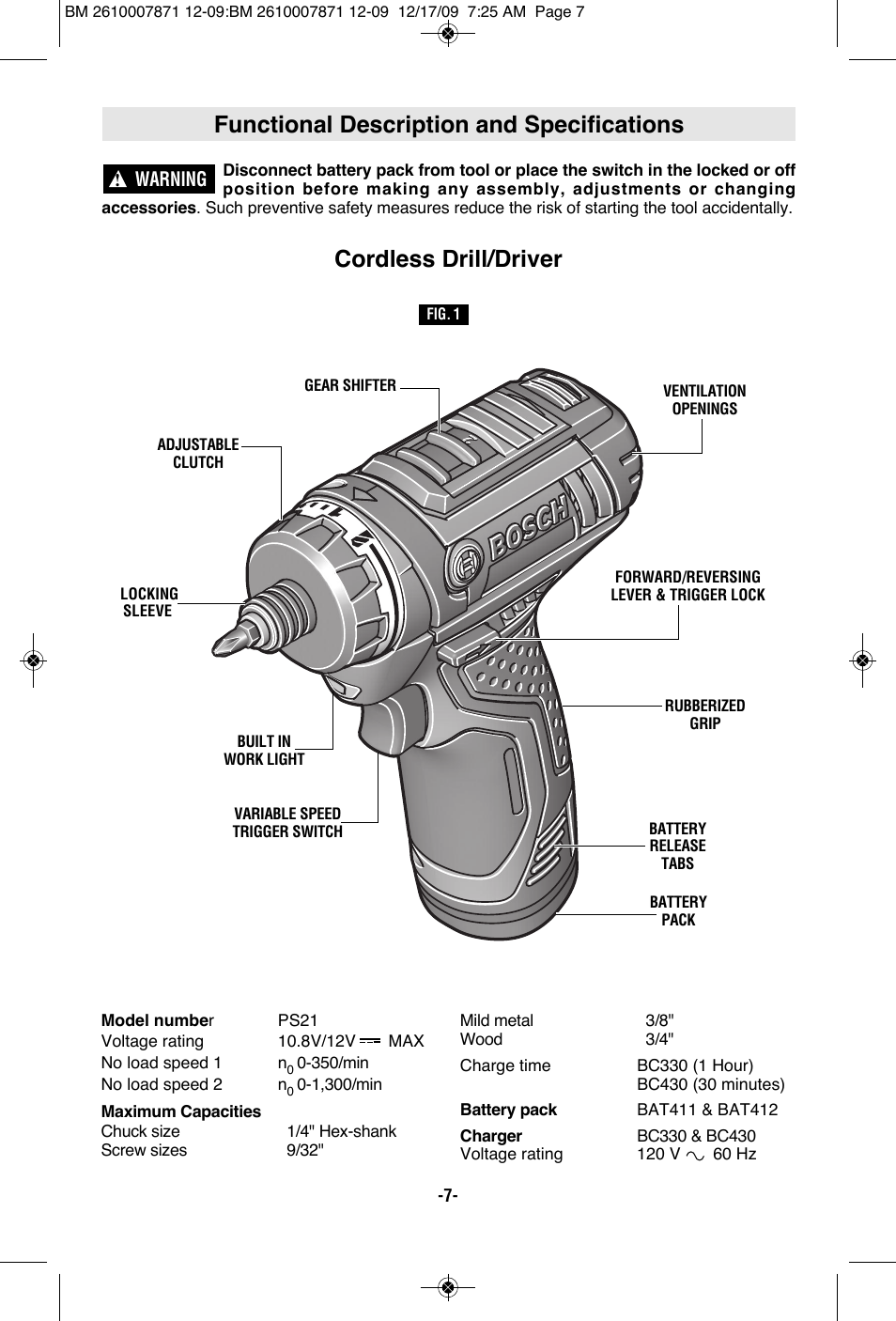 Functional description and specifications, Cordless drill/driver | Bosch PS21 User Manual | Page 7 / 44