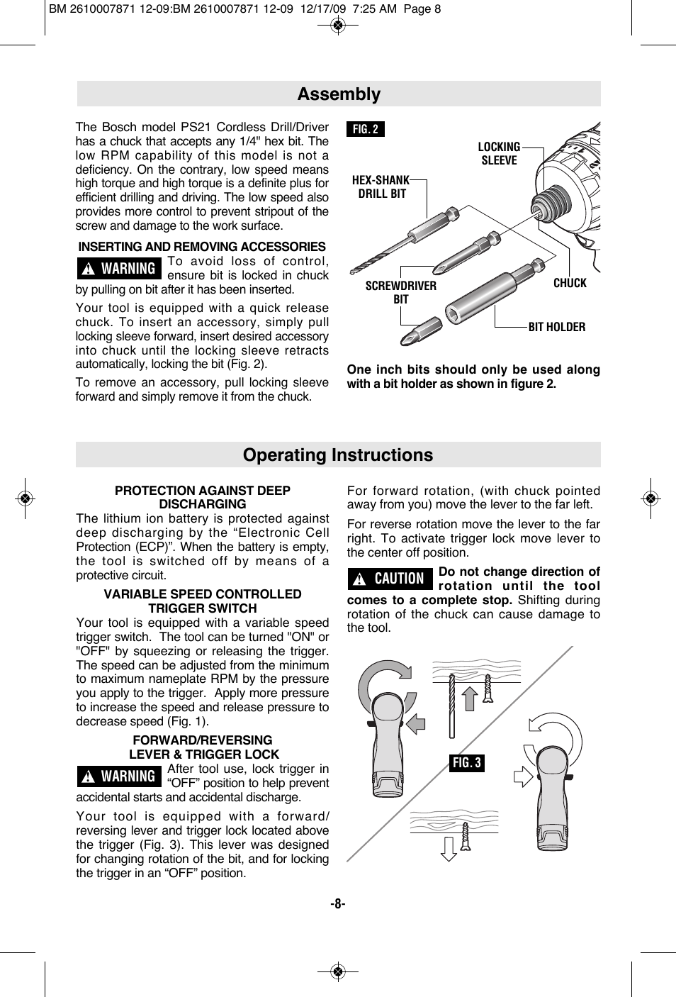 Operating instructions assembly | Bosch PS21 User Manual | Page 8 / 44