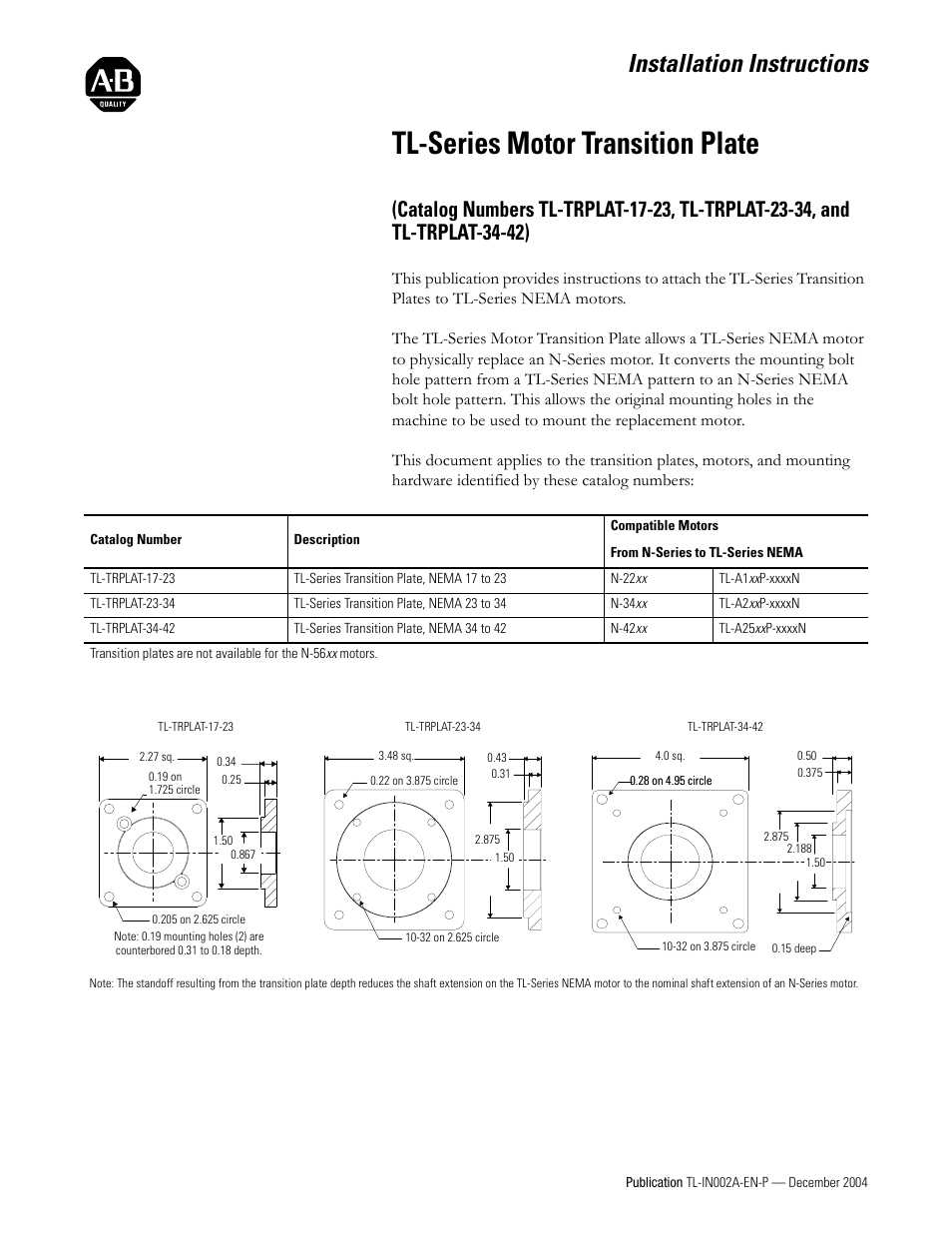 Rockwell Automation TL-Series Motor Transition Plate  User Manual | 2 pages