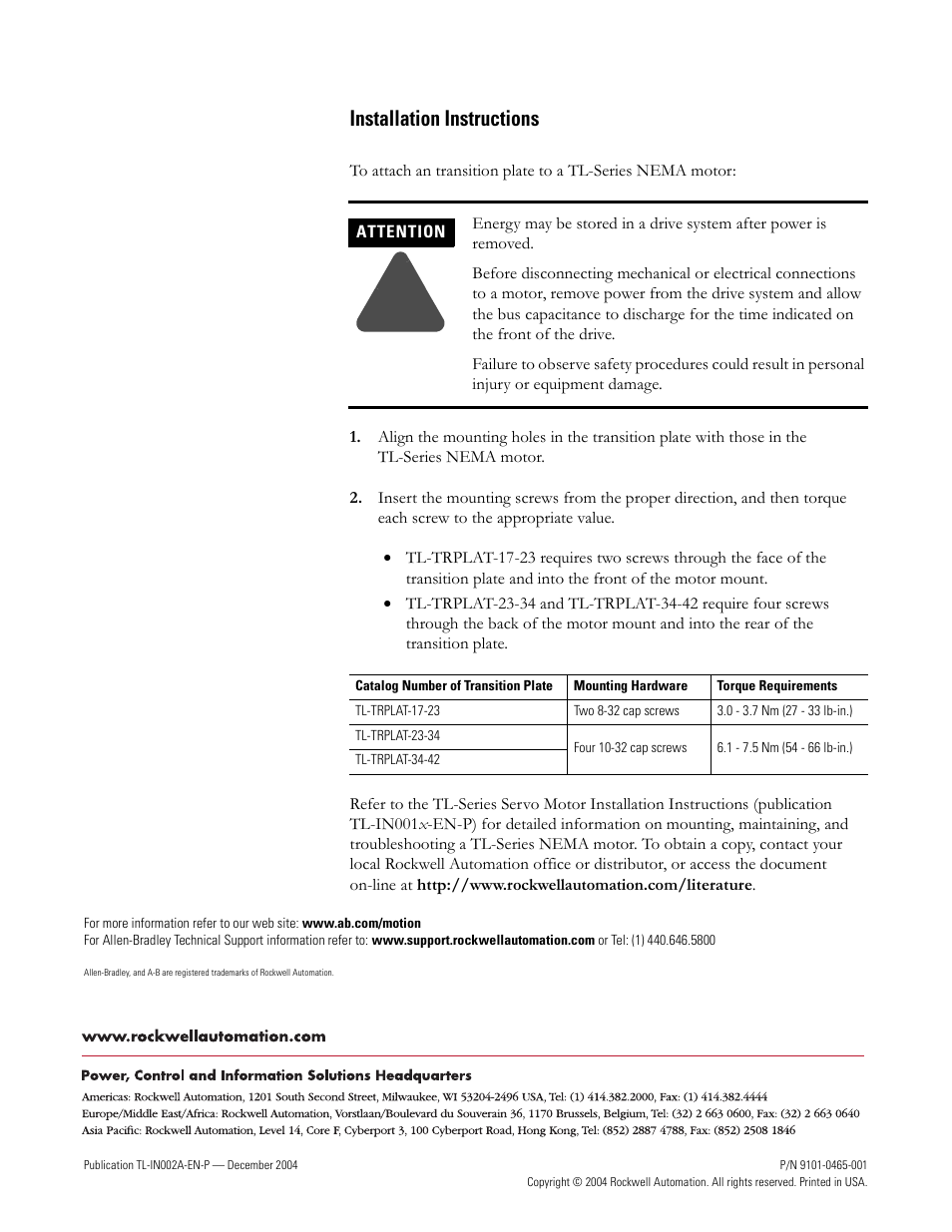 Installation instructions, Web sites, Integrated motion control | Literature library, Rockwell automation - home, Technical support | Rockwell Automation TL-Series Motor Transition Plate  User Manual | Page 2 / 2