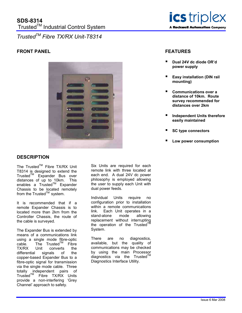Rockwell Automation T8314 Trusted Fibre TX/RX Unit User Manual | 2 pages