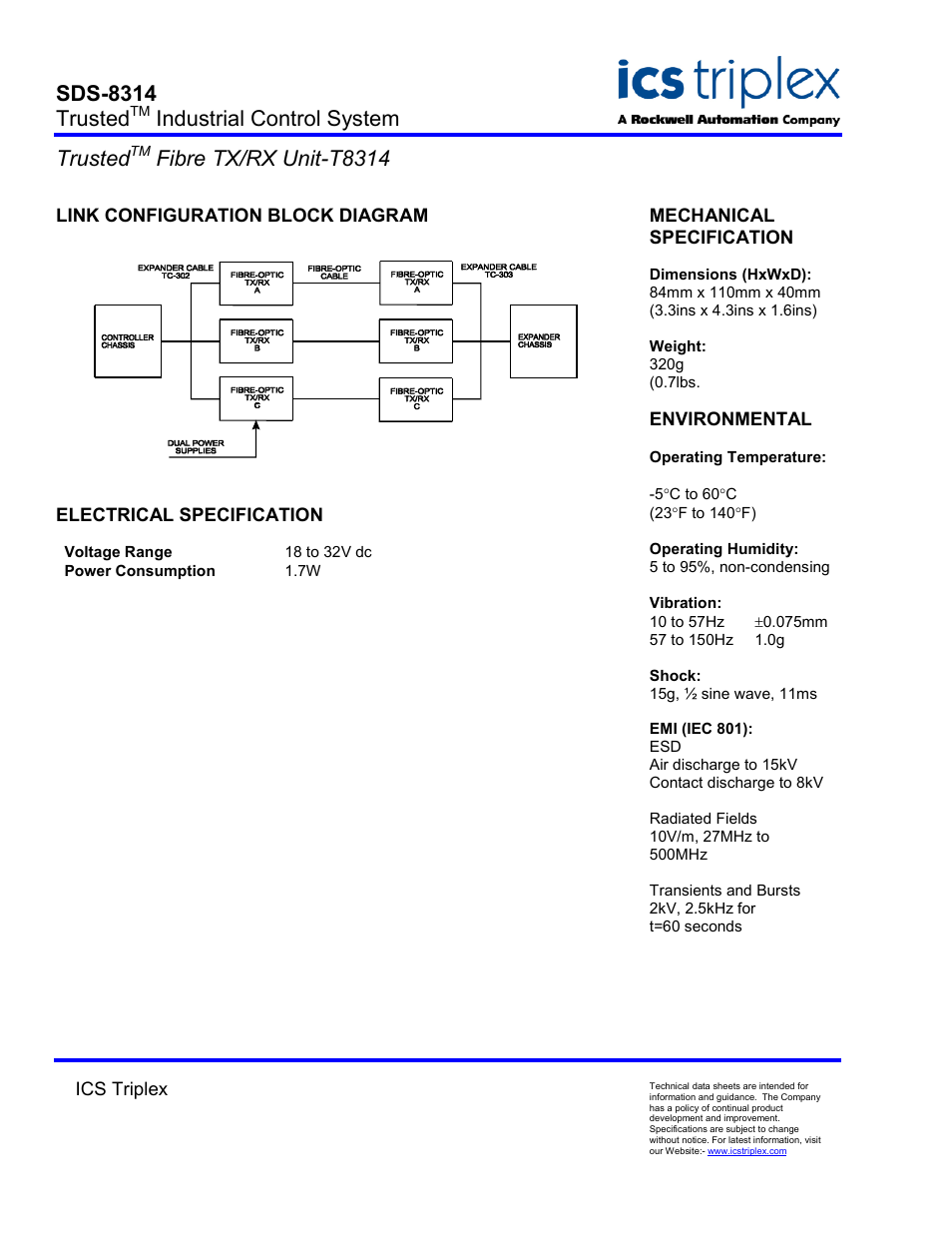 Link configuration block diagram, Electrical specification, Sds-8314 trusted | Industrial control system trusted, Fibre tx/rx unit-t8314 | Rockwell Automation T8314 Trusted Fibre TX/RX Unit User Manual | Page 2 / 2