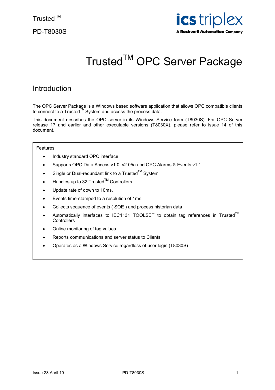 Rockwell Automation T8030S Trusted OPC Server Package User Manual | 49 pages