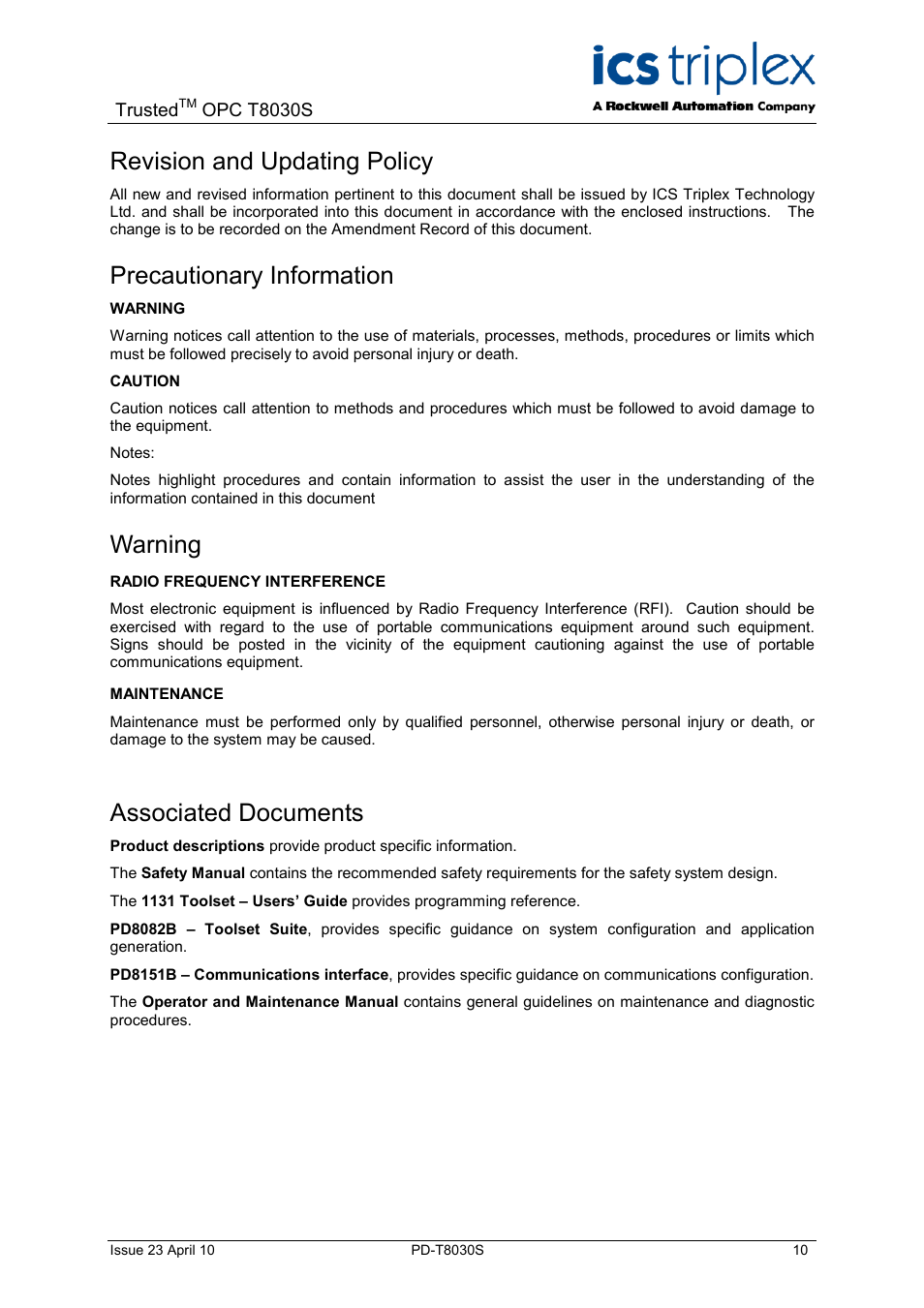Revision and updating policy, Precautionary information, Warning | Associated documents | Rockwell Automation T8030S Trusted OPC Server Package User Manual | Page 10 / 49