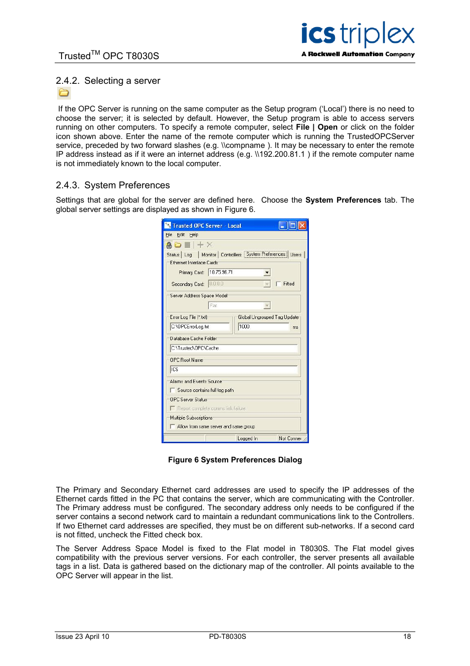 Selecting a server, System preferences, Figure 6 system preferences dialog | Rockwell Automation T8030S Trusted OPC Server Package User Manual | Page 18 / 49