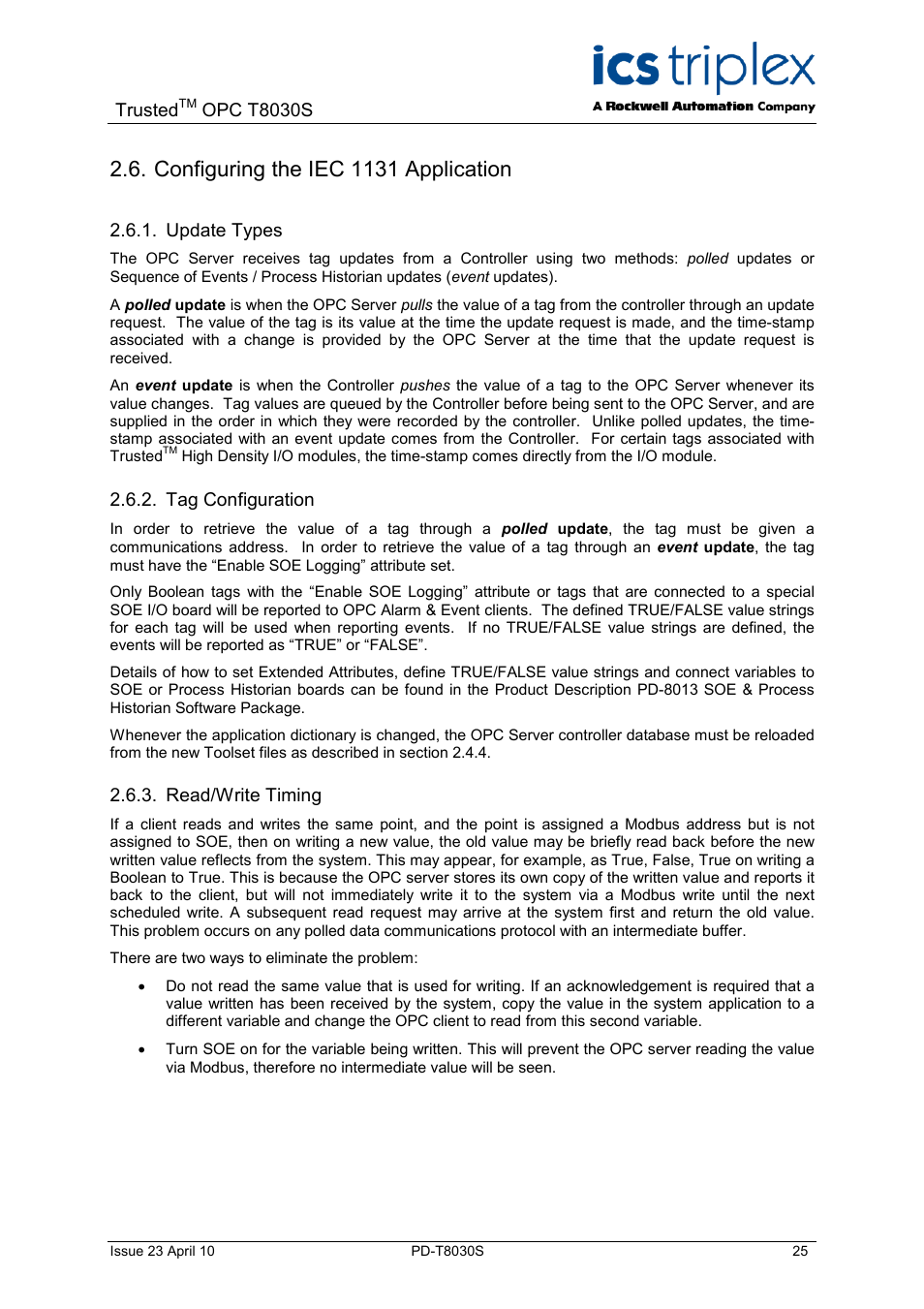 Configuring the iec 1131 application, Update types, Tag configuration | Read/write timing | Rockwell Automation T8030S Trusted OPC Server Package User Manual | Page 25 / 49