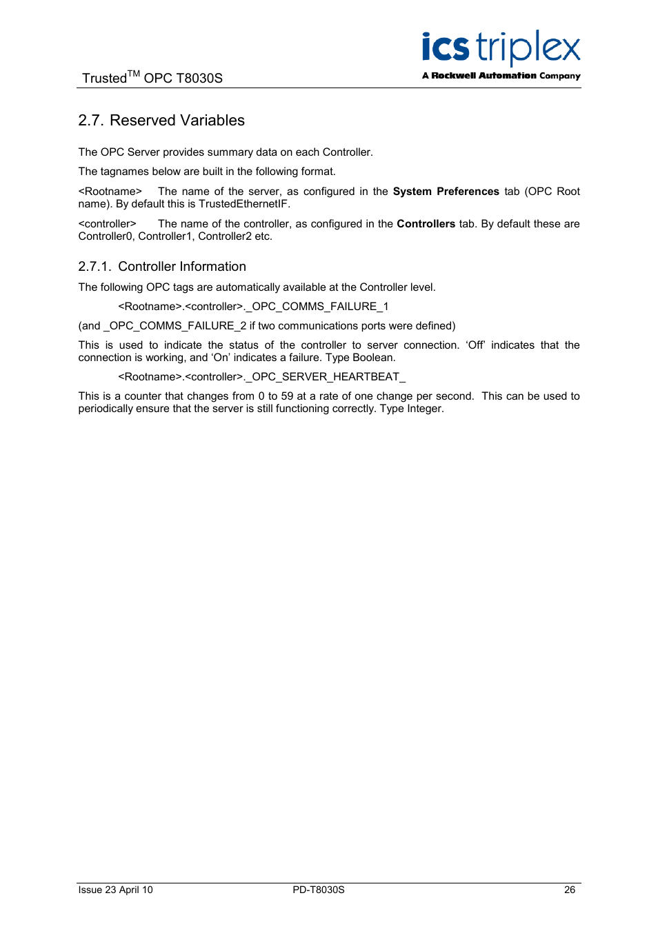 Reserved variables, Controller information | Rockwell Automation T8030S Trusted OPC Server Package User Manual | Page 26 / 49