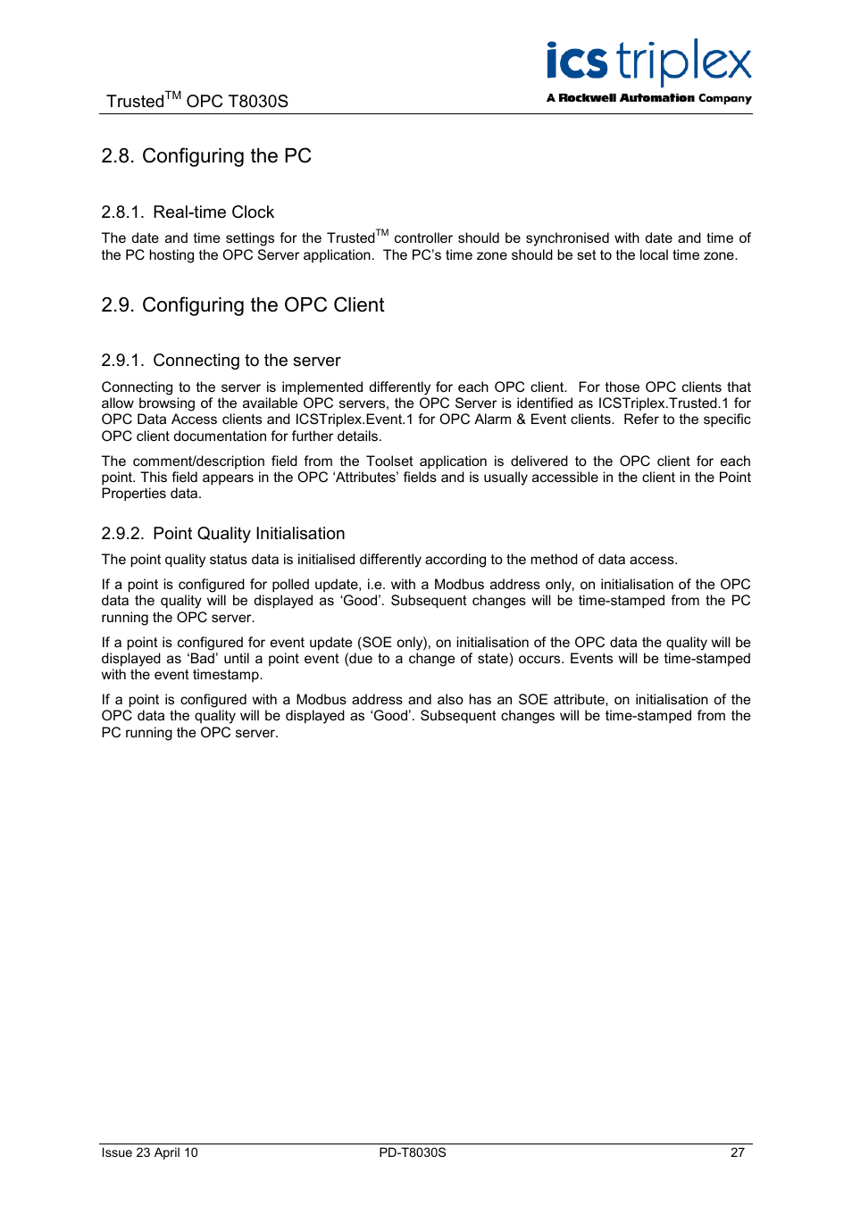 Configuring the pc, Real-time clock, Configuring the opc client | Connecting to the server, Point quality initialisation | Rockwell Automation T8030S Trusted OPC Server Package User Manual | Page 27 / 49