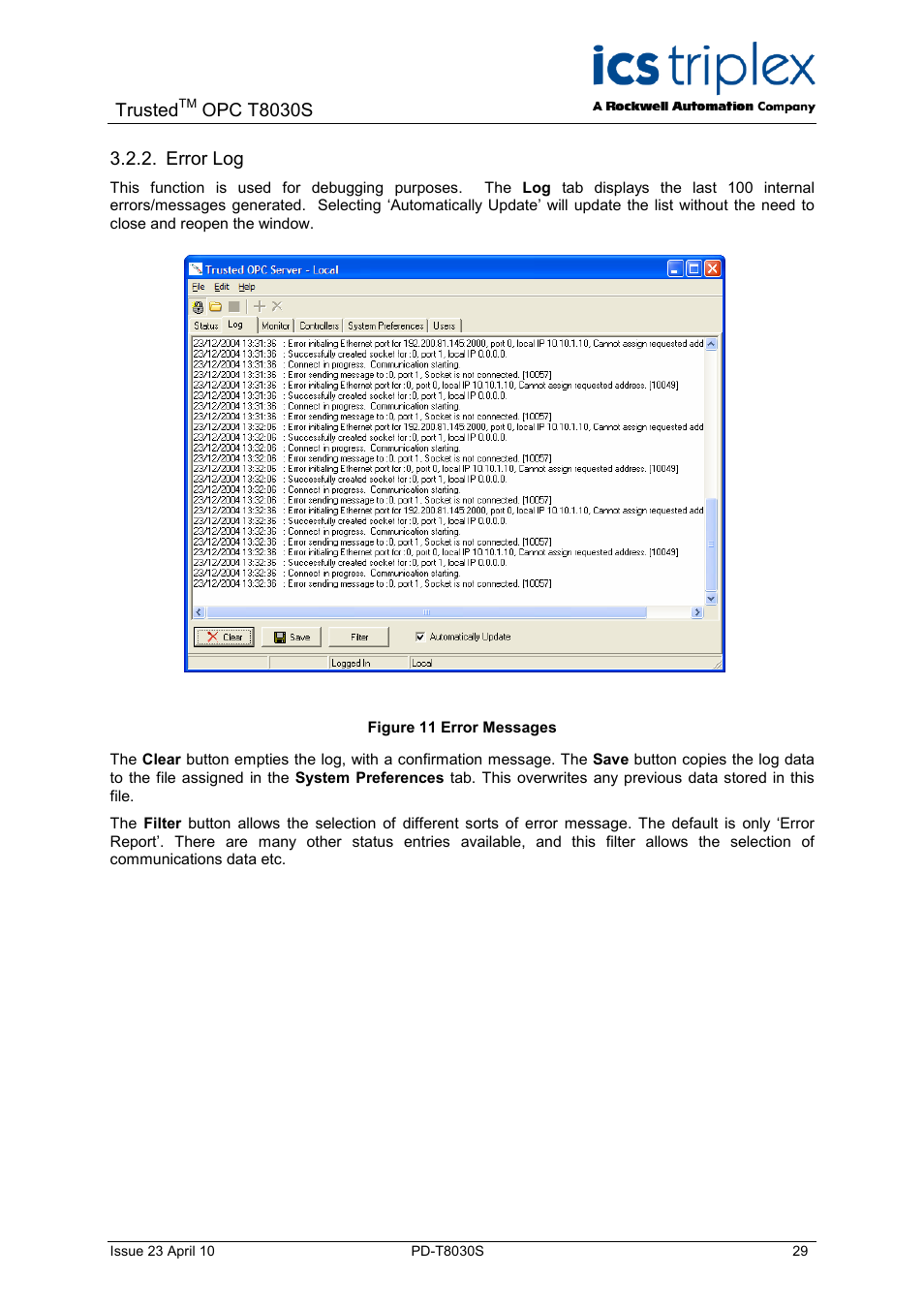 Error log, Figure 11 error messages, Trusted | Opc t8030s | Rockwell Automation T8030S Trusted OPC Server Package User Manual | Page 29 / 49