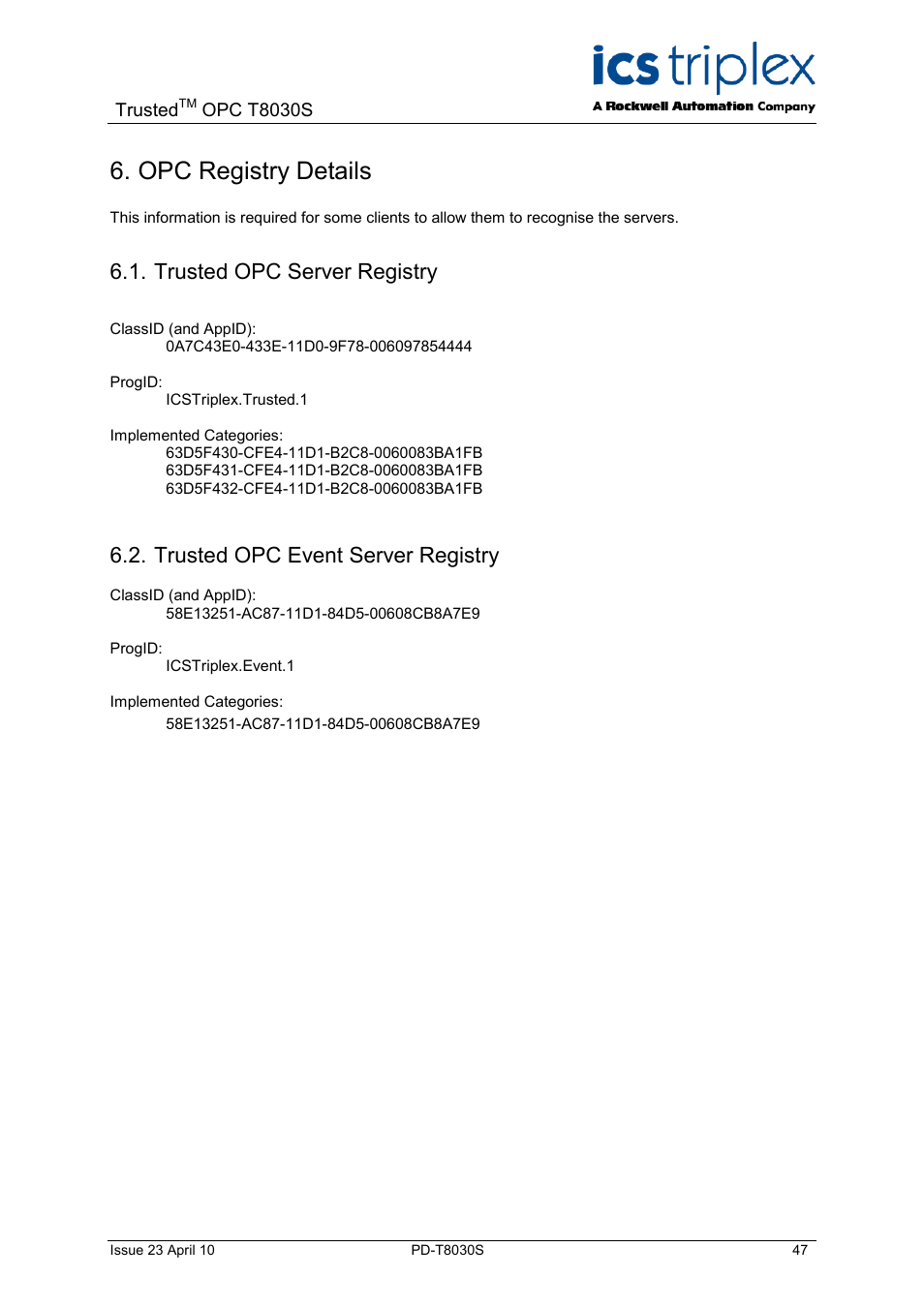Opc registry details, Trusted opc server registry, Trusted opc event server registry | Rockwell Automation T8030S Trusted OPC Server Package User Manual | Page 47 / 49