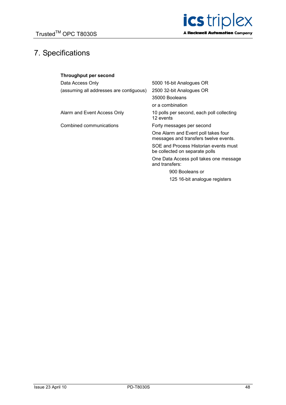 Specifications | Rockwell Automation T8030S Trusted OPC Server Package User Manual | Page 48 / 49