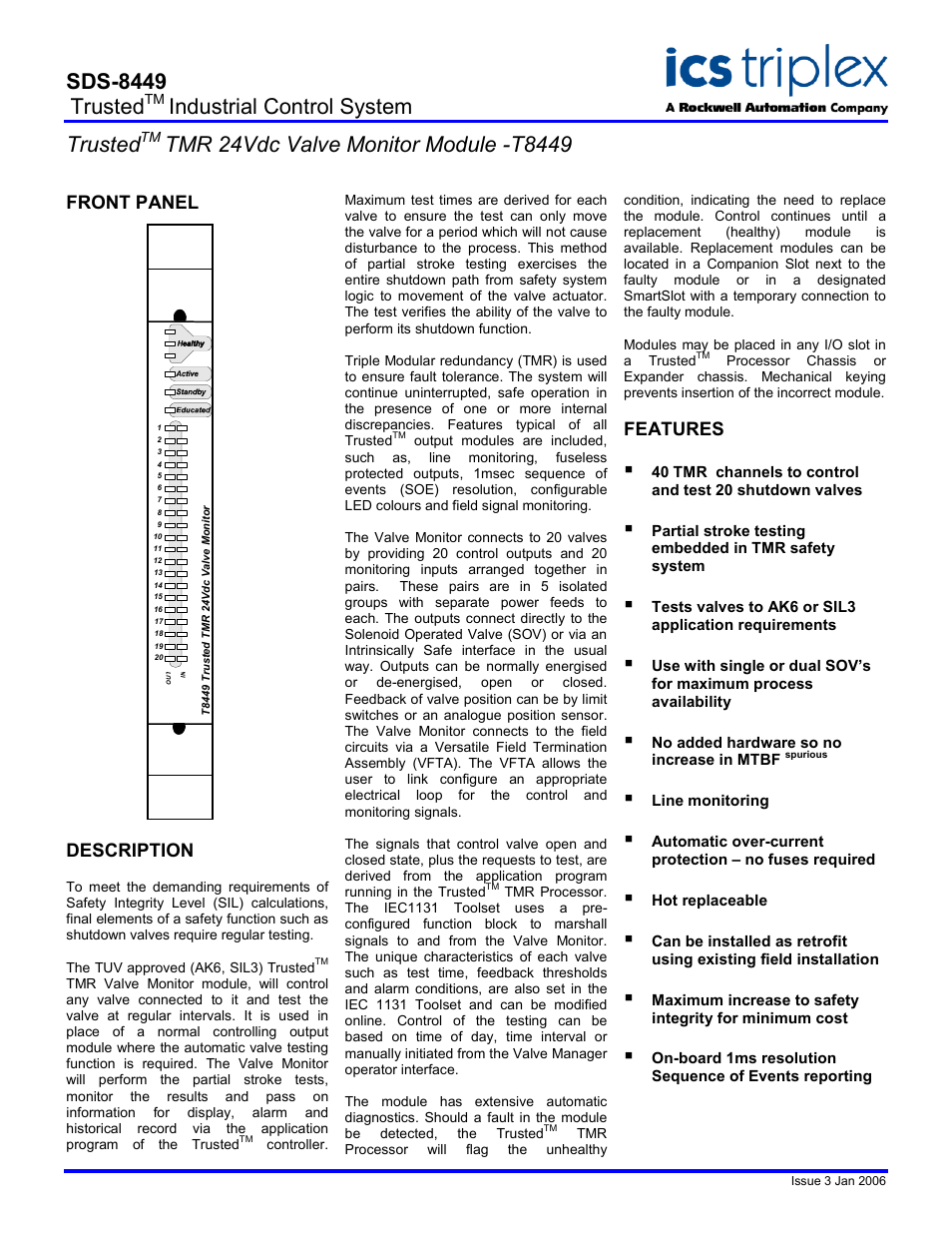 Rockwell Automation T8449 Trusted TMR 24Vdc Valve Monitor Module User Manual | 2 pages