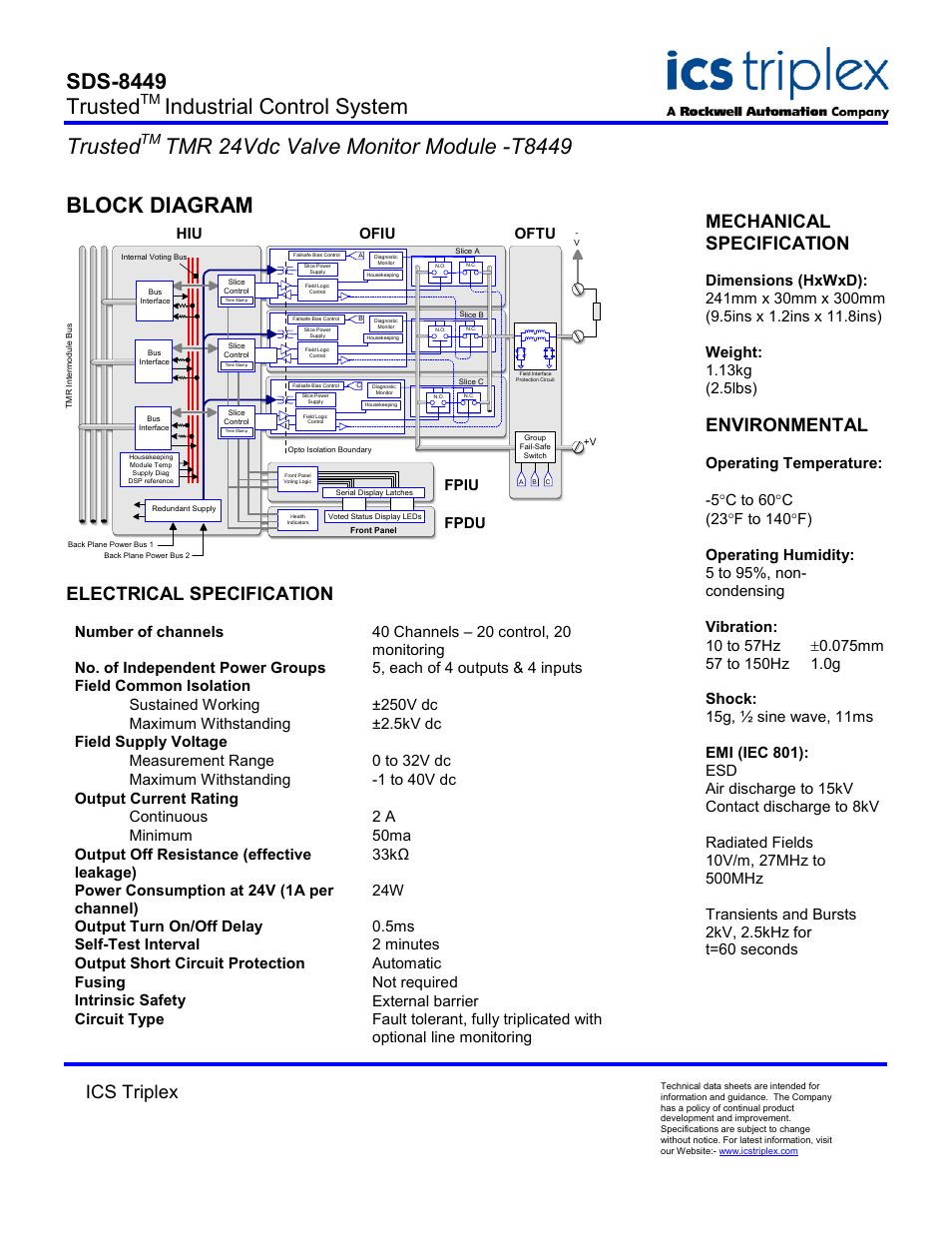 Block diagram, Electrical specification, Sds-8449 trusted | Industrial control system trusted, Ics triplex, Mechanical specification, Environmental, Ofiu hiu fpdu fpiu, Oftu | Rockwell Automation T8449 Trusted TMR 24Vdc Valve Monitor Module User Manual | Page 2 / 2