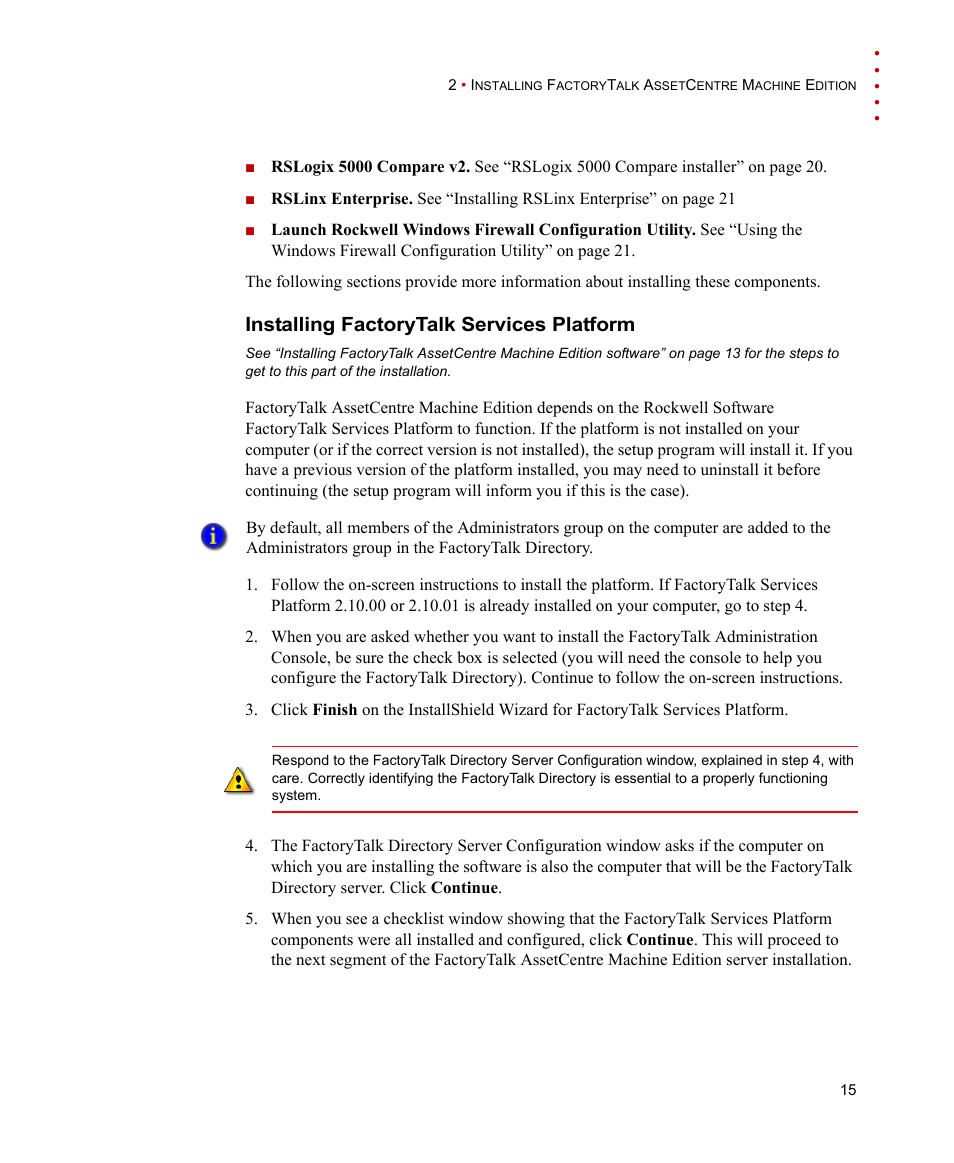 Installing factorytalk services platform, Installing factorytalk services platform,” next | Rockwell Automation FactoryTalk AssetCentre Machine Edition Installation Manual User Manual | Page 19 / 44
