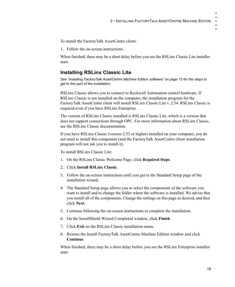 Installing rslinx classic lite | Rockwell Automation FactoryTalk AssetCentre Machine Edition Installation Manual User Manual | Page 23 / 44