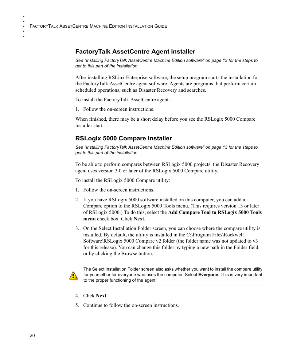 Factorytalk assetcentre agent installer, Rslogix 5000 compare installer | Rockwell Automation FactoryTalk AssetCentre Machine Edition Installation Manual User Manual | Page 24 / 44