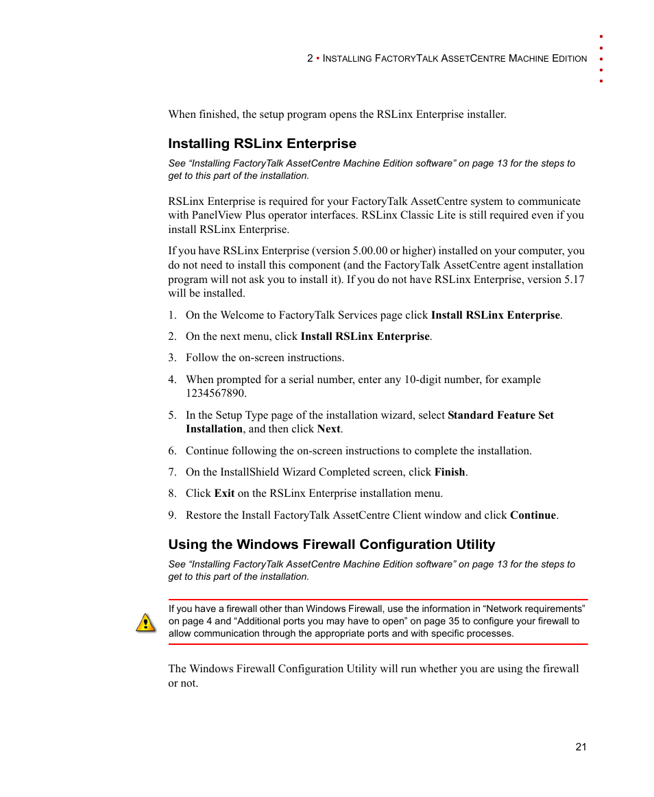 Installing rslinx enterprise, Using the windows firewall configuration utility | Rockwell Automation FactoryTalk AssetCentre Machine Edition Installation Manual User Manual | Page 25 / 44