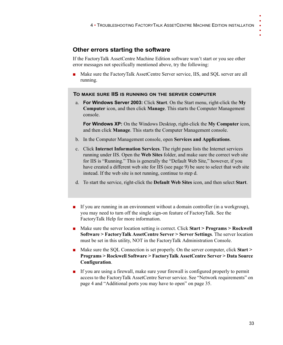 Other errors starting the software | Rockwell Automation FactoryTalk AssetCentre Machine Edition Installation Manual User Manual | Page 37 / 44