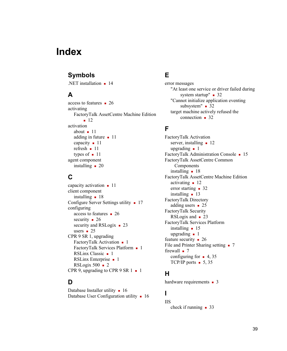 Index, Symbols | Rockwell Automation FactoryTalk AssetCentre Machine Edition Installation Manual User Manual | Page 43 / 44
