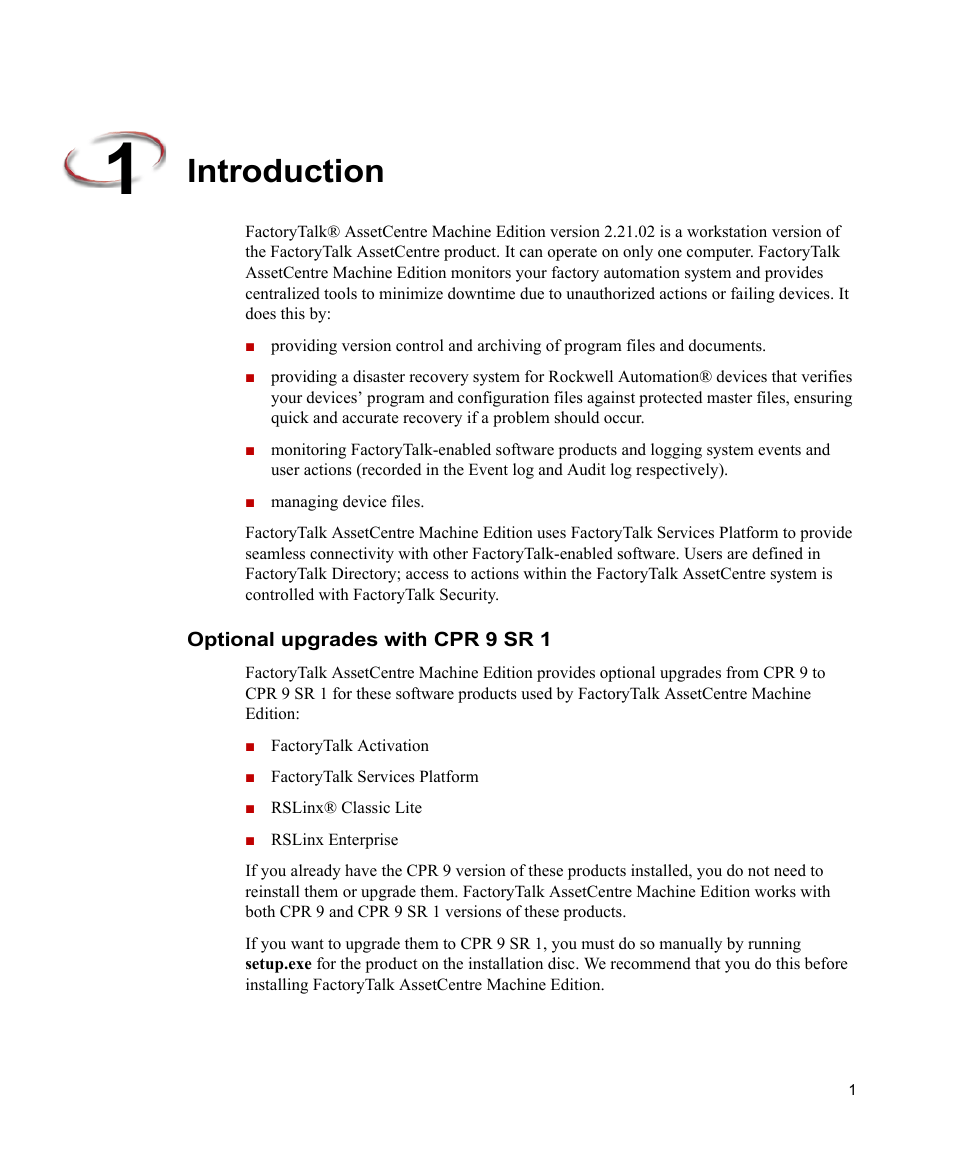 Introduction, Optional upgrades with cpr 9 sr 1 | Rockwell Automation FactoryTalk AssetCentre Machine Edition Installation Manual User Manual | Page 5 / 44