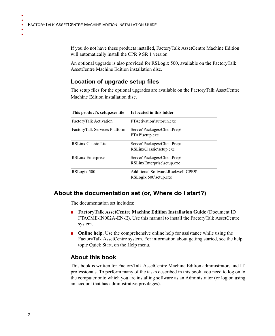 Location of upgrade setup files, About this book | Rockwell Automation FactoryTalk AssetCentre Machine Edition Installation Manual User Manual | Page 6 / 44