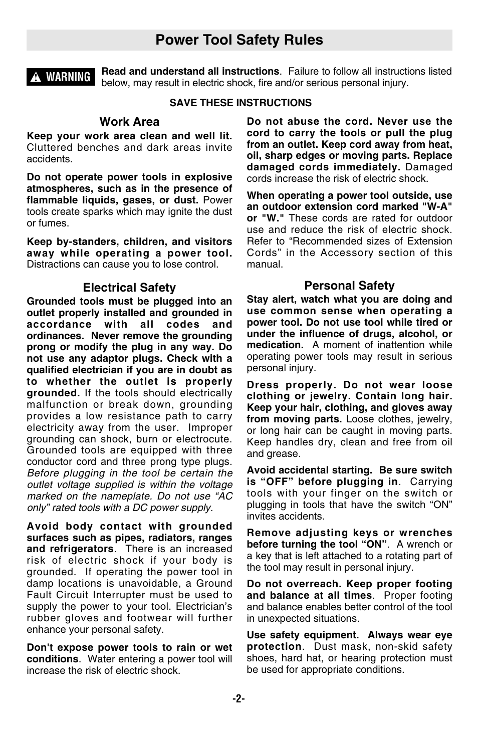 Power tool safety rules, Work area, Electrical safety | Personal safety, Warning | Bosch RS20 User Manual | Page 2 / 32