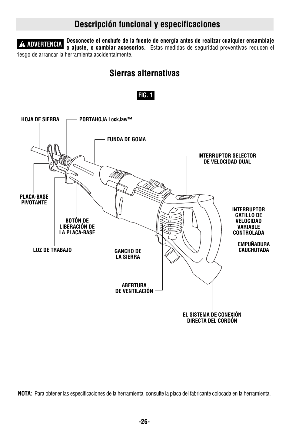 Descripción funcional y especificaciones, Sierras alternativas | Bosch RS20 User Manual | Page 26 / 32