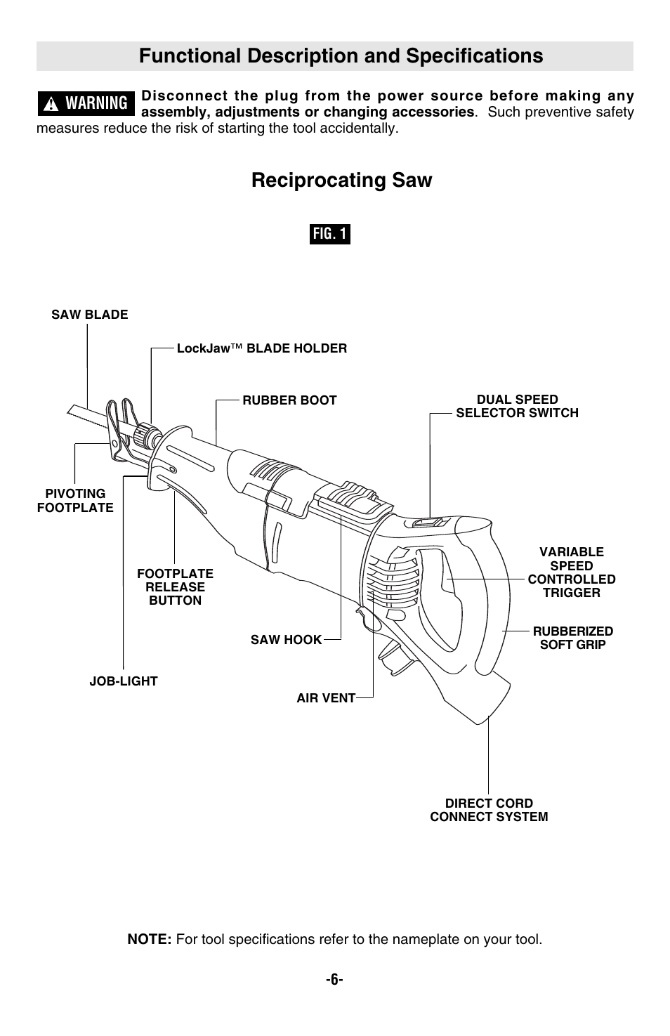 Functional description and specifications, Reciprocating saw, Warning | Bosch RS20 User Manual | Page 6 / 32