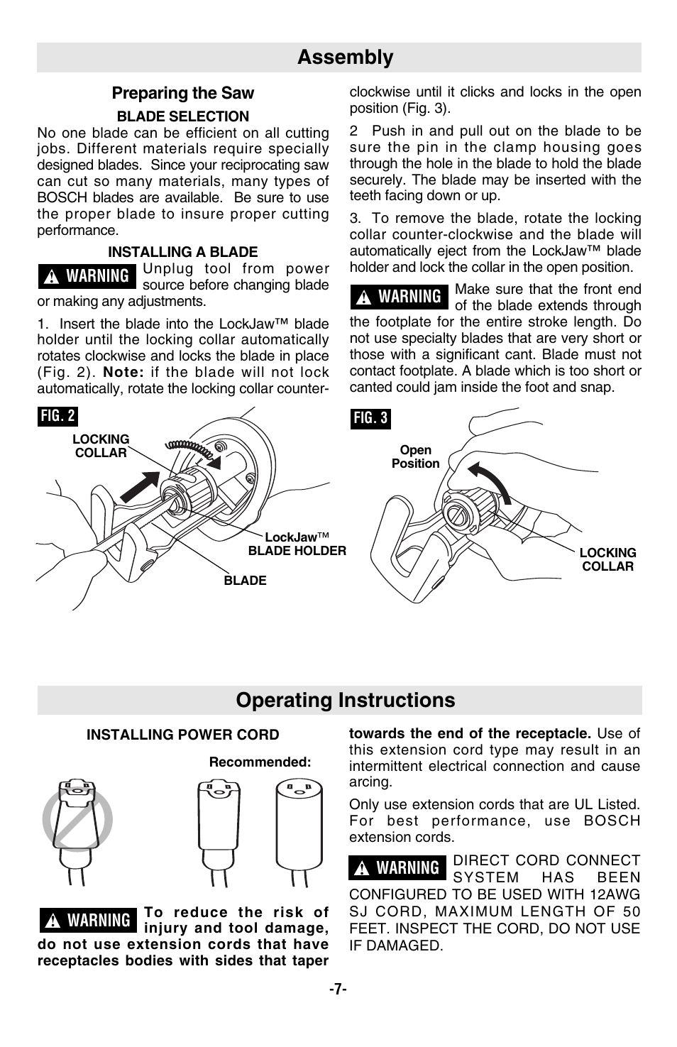 Assembly, Operating instructions, Preparing the saw | Warning | Bosch RS20 User Manual | Page 7 / 32