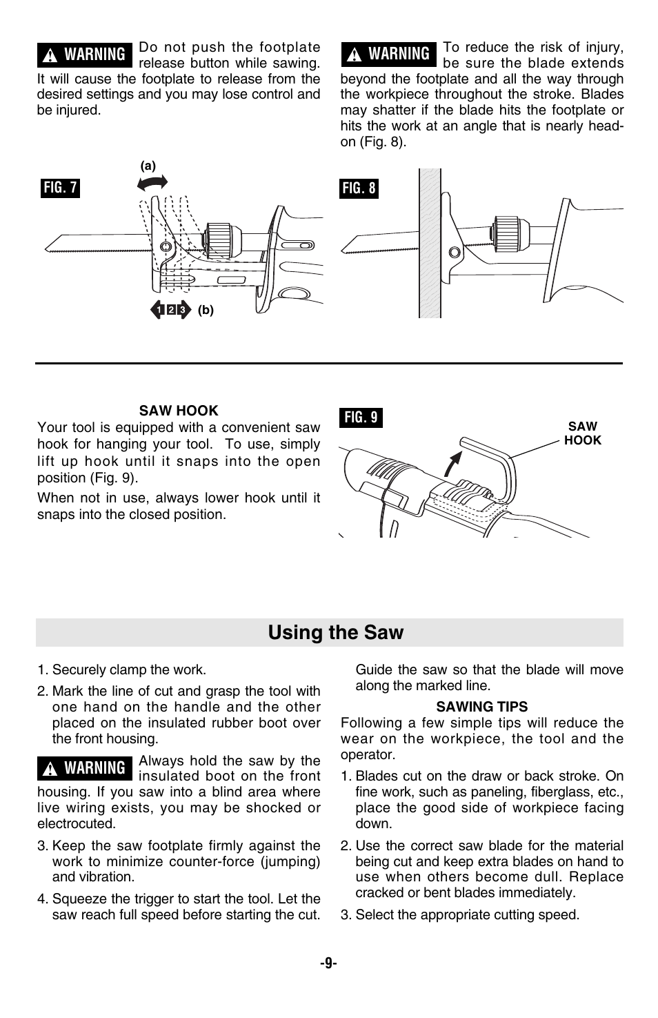 Using the saw, Warning | Bosch RS20 User Manual | Page 9 / 32