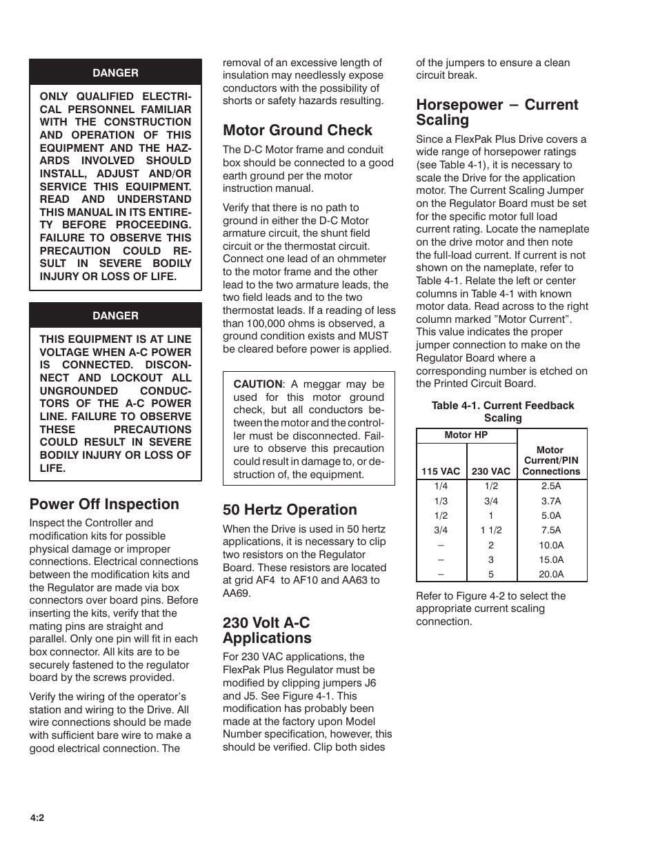 Power off inspection, Motor ground check, 50 hertz operation | 230 volt aćc applications, Horsepower - current scaling | Rockwell Automation FlexPak Plus DC Drive User Manual | Page 24 / 68