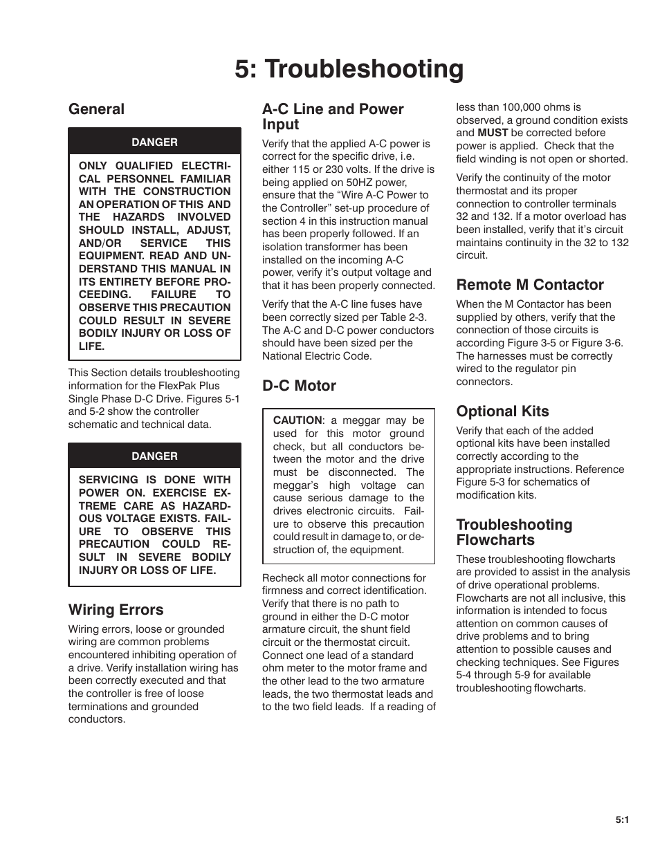 Troubleshooting, General, Wiring errors | Aćc line and power input, Dćc motor, Remote m contactor, Optional kits, Troubleshooting flowcharts | Rockwell Automation FlexPak Plus DC Drive User Manual | Page 31 / 68