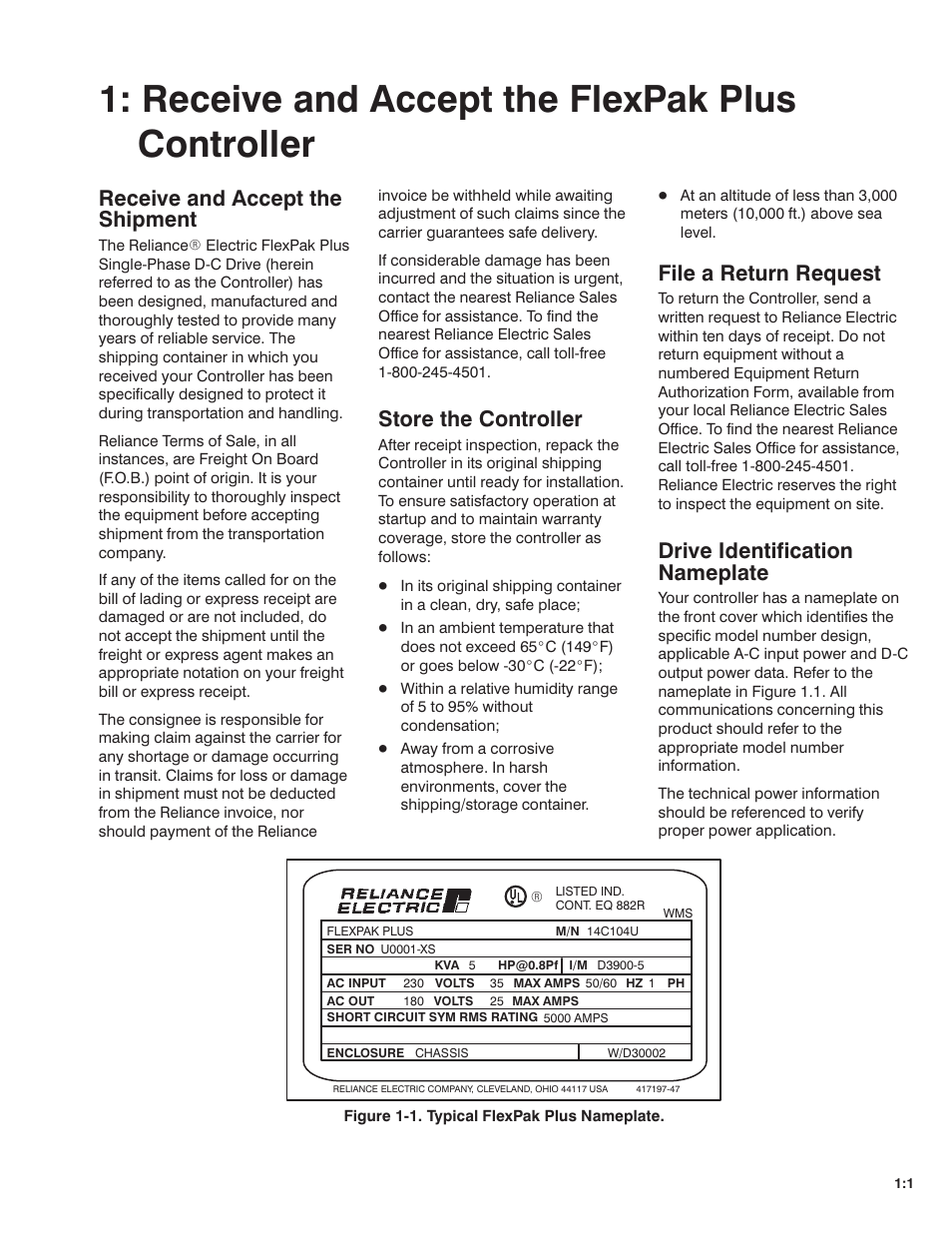 Receive and accept the flexpak plus controller, Receive and accept the shipment, Store the controller | File a return request, Drive identification nameplate | Rockwell Automation FlexPak Plus DC Drive User Manual | Page 5 / 68