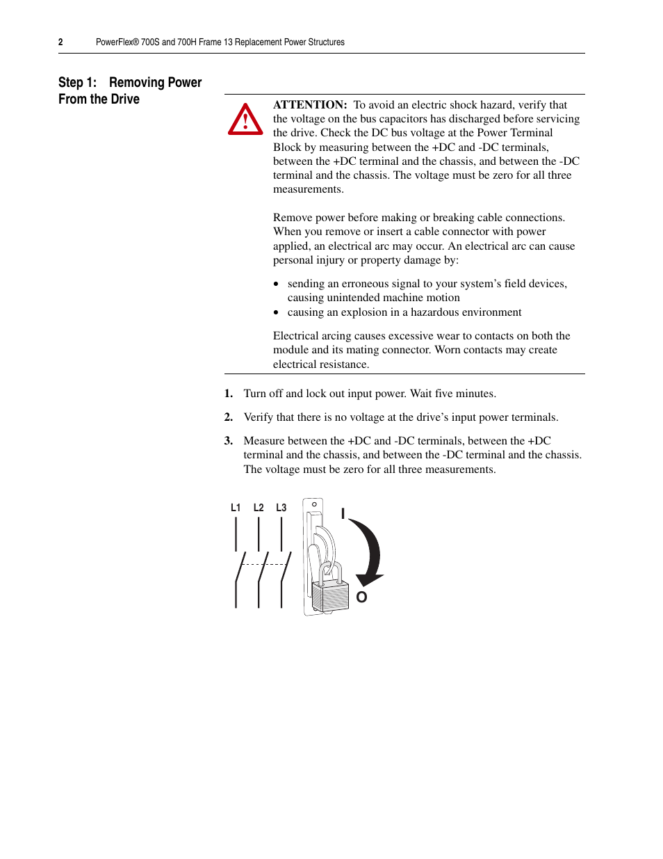 Step 1: removing power from the drive | Rockwell Automation 20D PowerFlex 700H/S Frame 13 Replacement Power Structures User Manual | Page 2 / 20