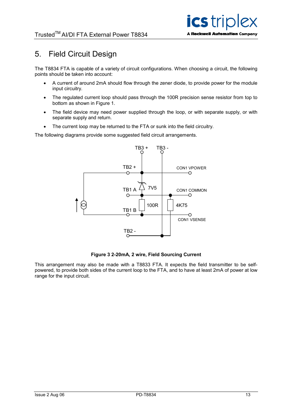 Field circuit design, Figure 3 2-20ma, 2 wire, field sourcing current, Trusted | Ai/di fta external power t8834 | Rockwell Automation T8834 Trusted 20 Channel Isolated AI/DI FTA External Power User Manual | Page 13 / 18