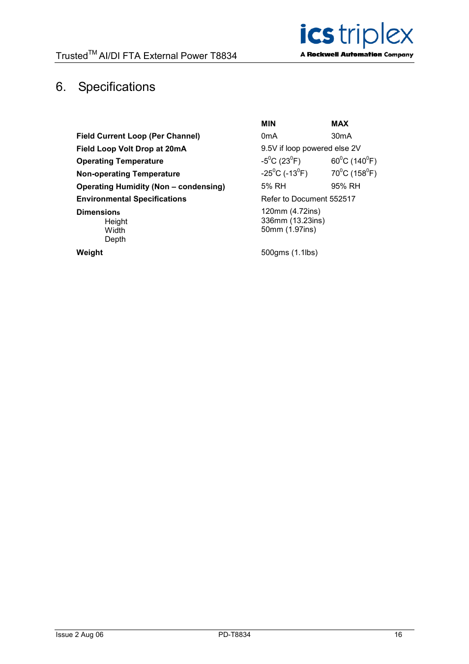 Specifications, Trusted, Ai/di fta external power t8834 | Rockwell Automation T8834 Trusted 20 Channel Isolated AI/DI FTA External Power User Manual | Page 16 / 18