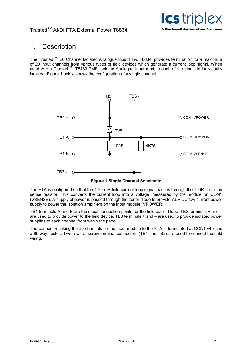 Description, Figure 1 single channel schematic, Trusted | Ai/di fta external power t8834 | Rockwell Automation T8834 Trusted 20 Channel Isolated AI/DI FTA External Power User Manual | Page 7 / 18