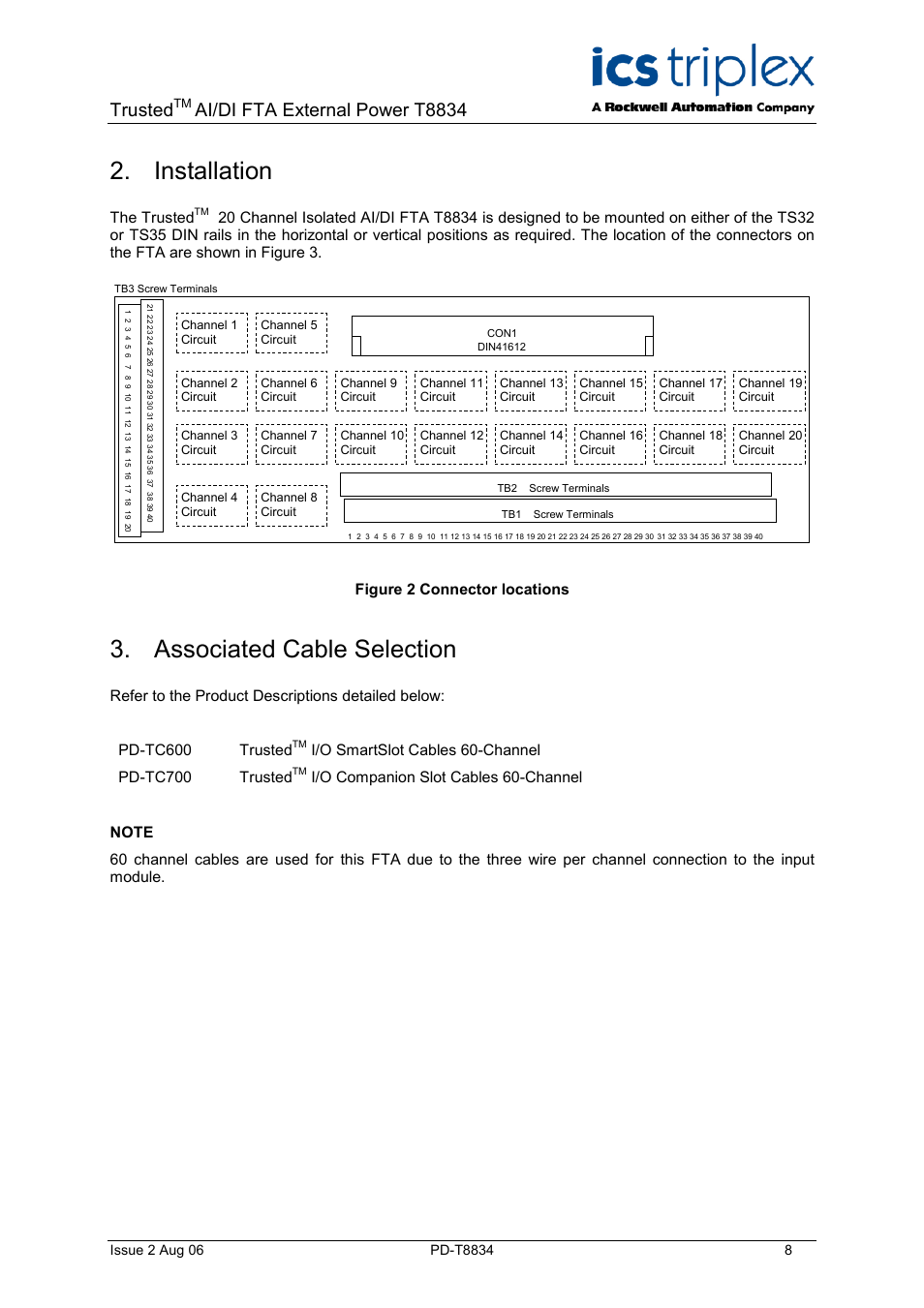 Installation, Associated cable selection, Figure 2 connector locations | Trusted, Ai/di fta external power t8834 | Rockwell Automation T8834 Trusted 20 Channel Isolated AI/DI FTA External Power User Manual | Page 8 / 18