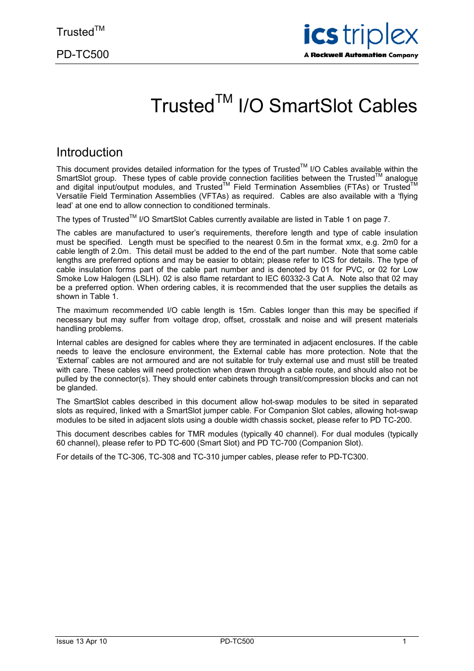 Rockwell Automation TC500 Trusted I/O SmartSlot Cables User Manual | 28 pages