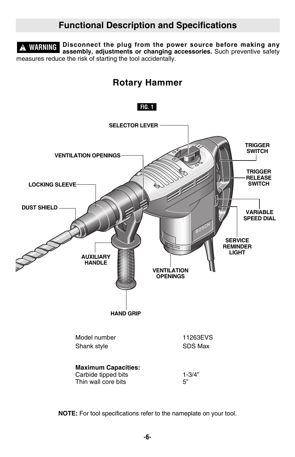 Functional description and specifications, Rotary hammer, Warning | Bosch 11263EVS User Manual | Page 6 / 10