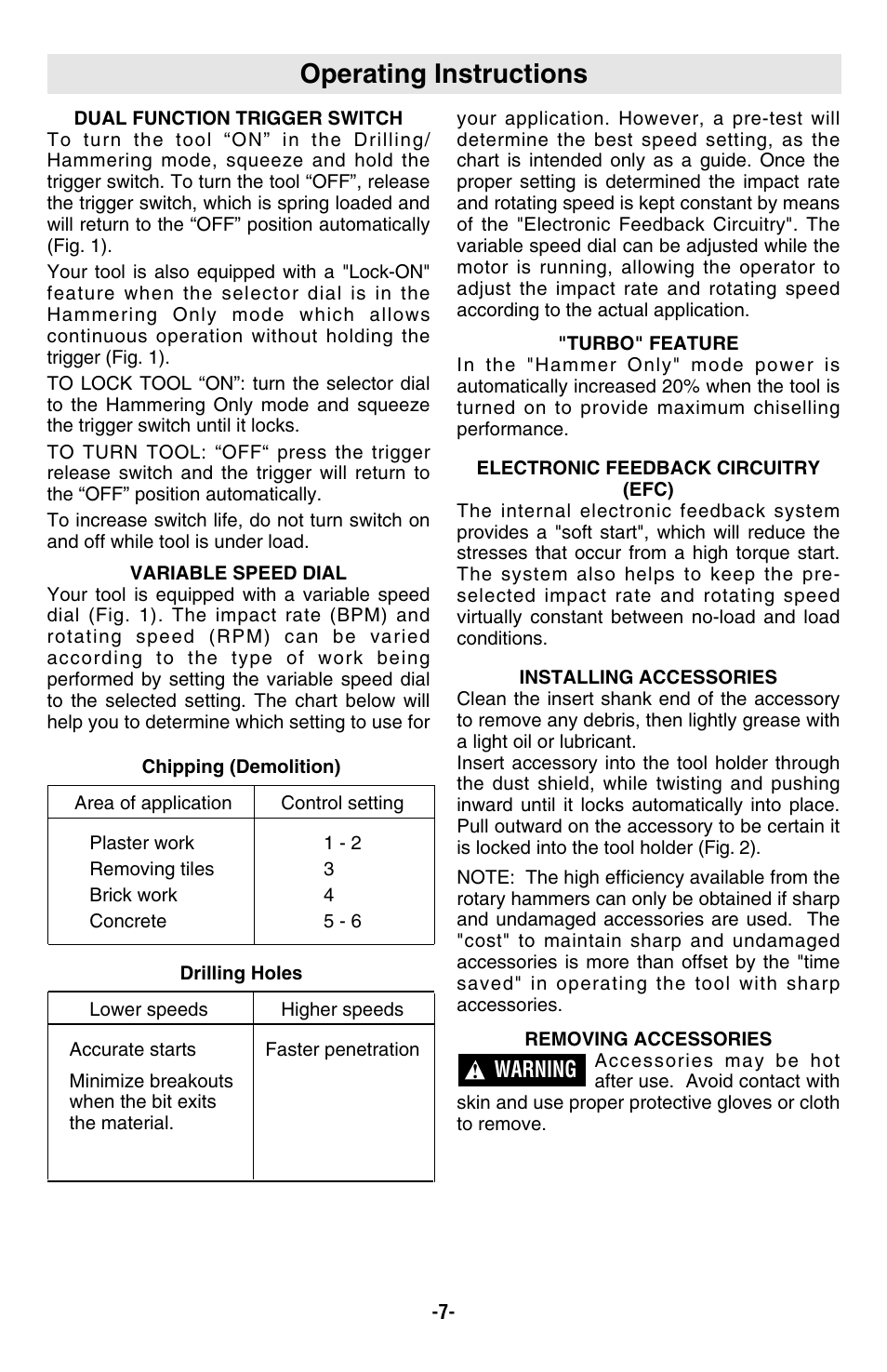 Operating instructions, Warning | Bosch 11263EVS User Manual | Page 7 / 10