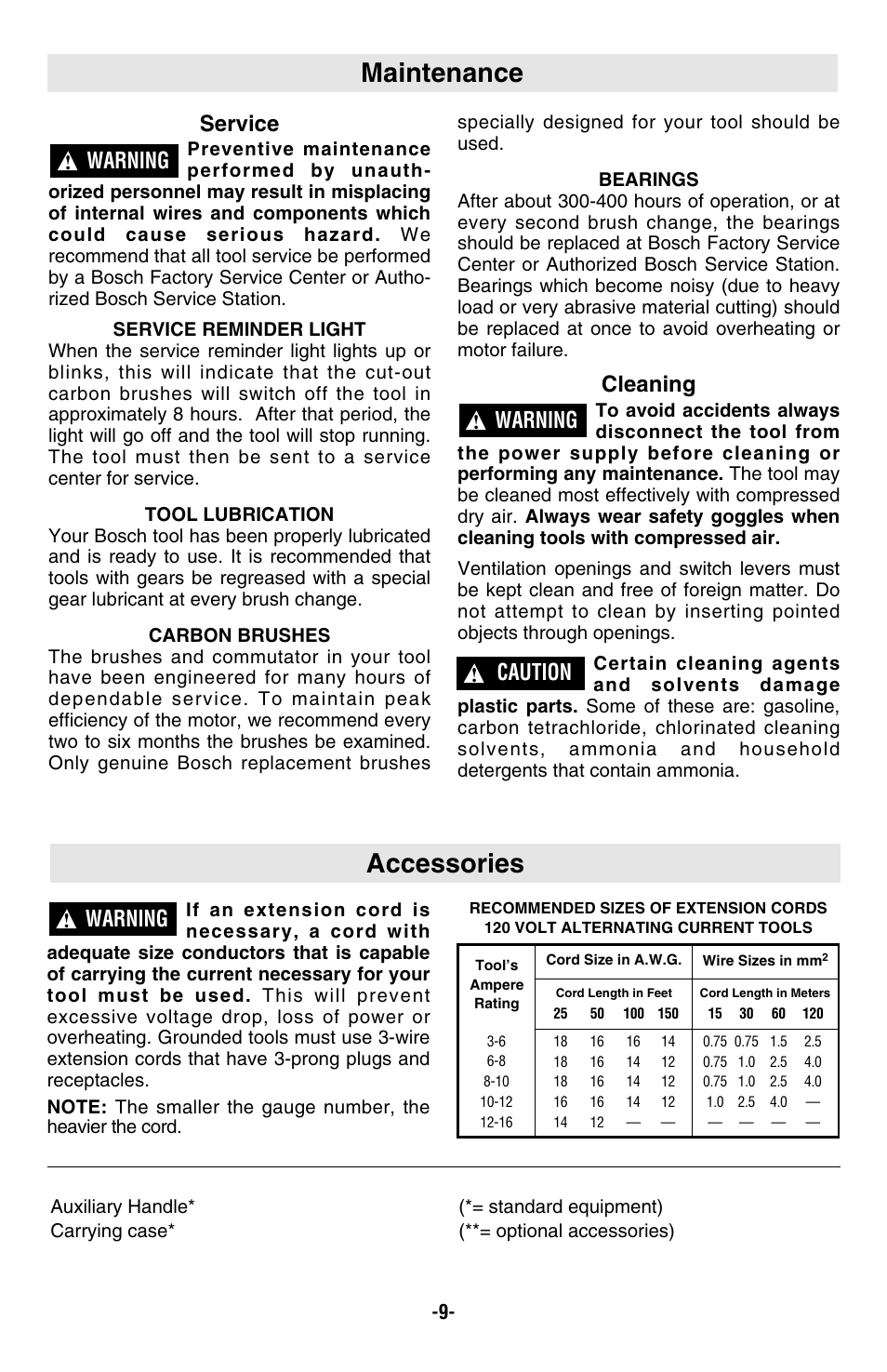 Maintenance, Accessories, Service | Cleaning, Warning, Caution | Bosch 11263EVS User Manual | Page 9 / 10